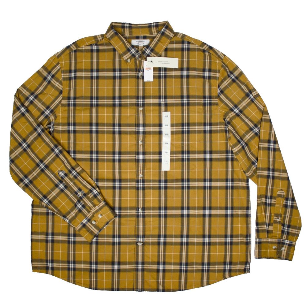 NWT Banana Republic Organic Cotton Yellow Plaid Slim Untucked Button Shirt XXL